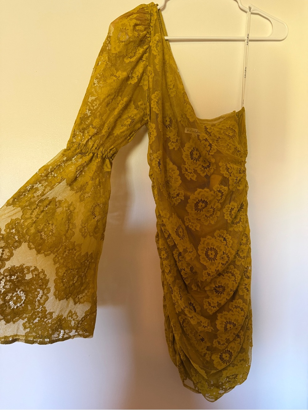 For Love & Lemons Mustard One-Shoulder Lace Asymmetrical Skirt
